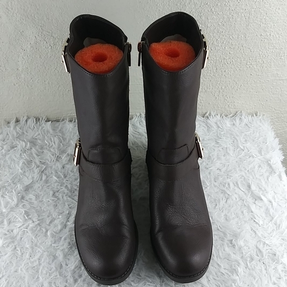 𝅺Sole Society Wylann Brown Leather Almond Toe Block Heel Mid Calf Harness Boot - Picture 2 of 16